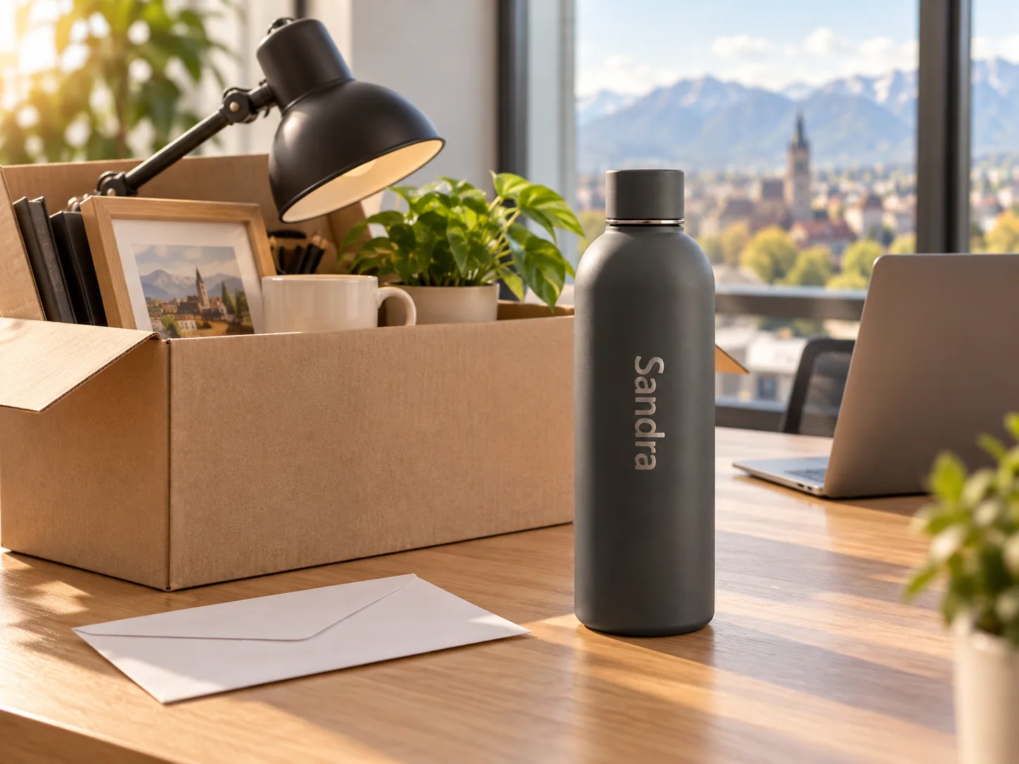 Schwarze Thermosflasche mit der Gravur «Sandra» auf einem Bürotisch, daneben ein gepackter Umzugskarton mit Bilderrahmen, Tasse, Lampe und Pflanze und ein Briefumschlag
