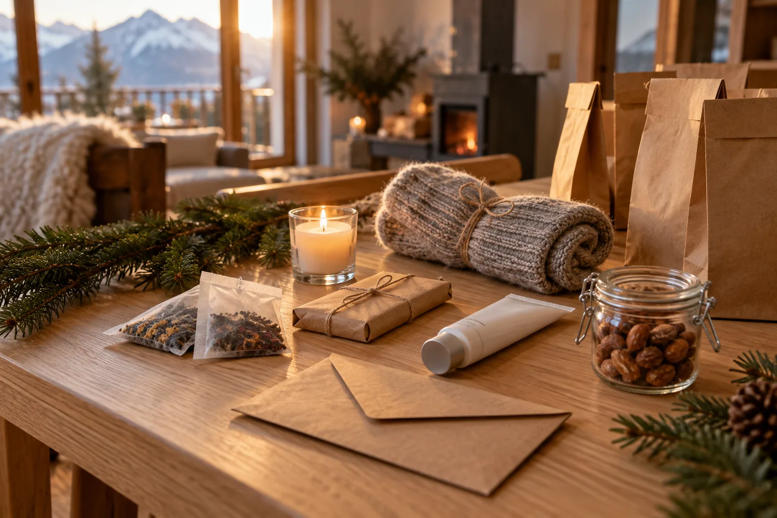 Kleine Geschenke für einen Adventskalender auf einem Holztisch: Tee, Schoggi, Kerze, Socken, Handcreme und ein Umschlag