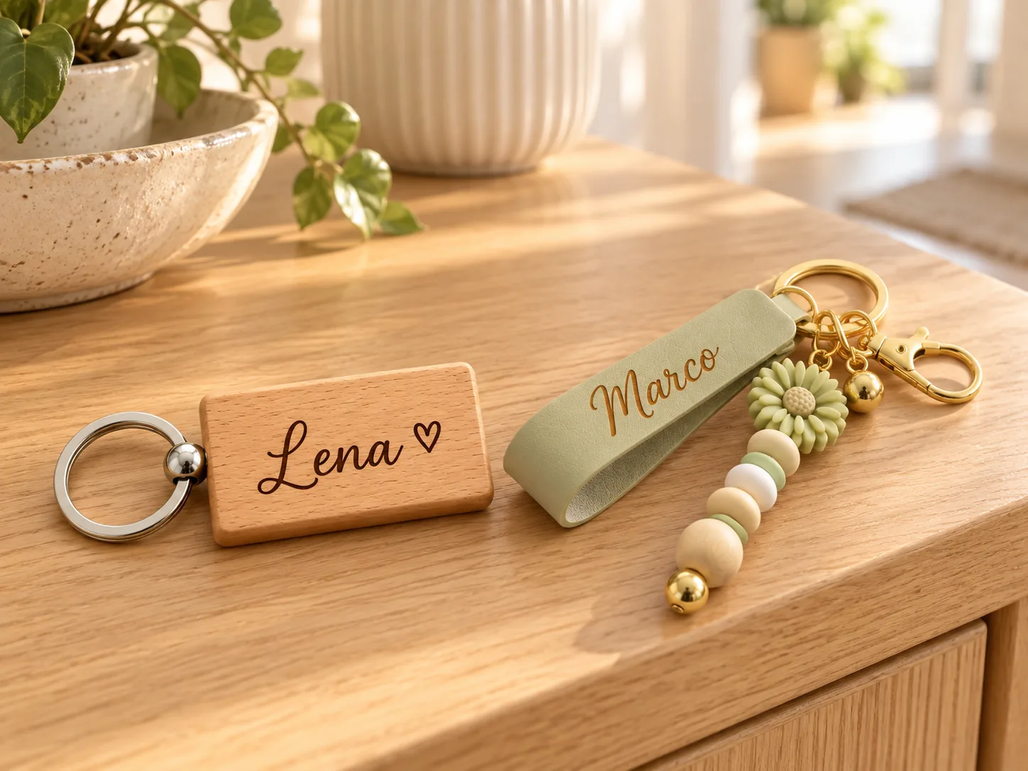 Zwei Schlüsselanhänger auf einer Holzkommode: links ein Holzanhänger mit dem Namen «Lena» und Herz, rechts ein salbeigrüner Lederanhänger mit dem Namen «Marco», Perlen und goldenem Karabiner