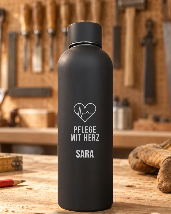 Mattschwarze Thermosflasche mit feiner Lasergravur: Beruf Pflege, darunter der Name Sara