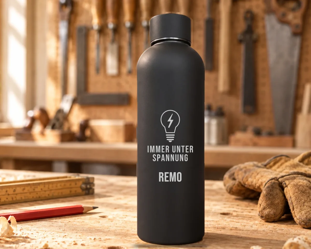 Schwarze Thermosflasche mit einer gravierten Glühbirne mit Blitz, «Immer unter Spannung» und dem Namen Remo auf einer Werkbank mit Werkzeug, Meterstab und Arbeitshandschuhen