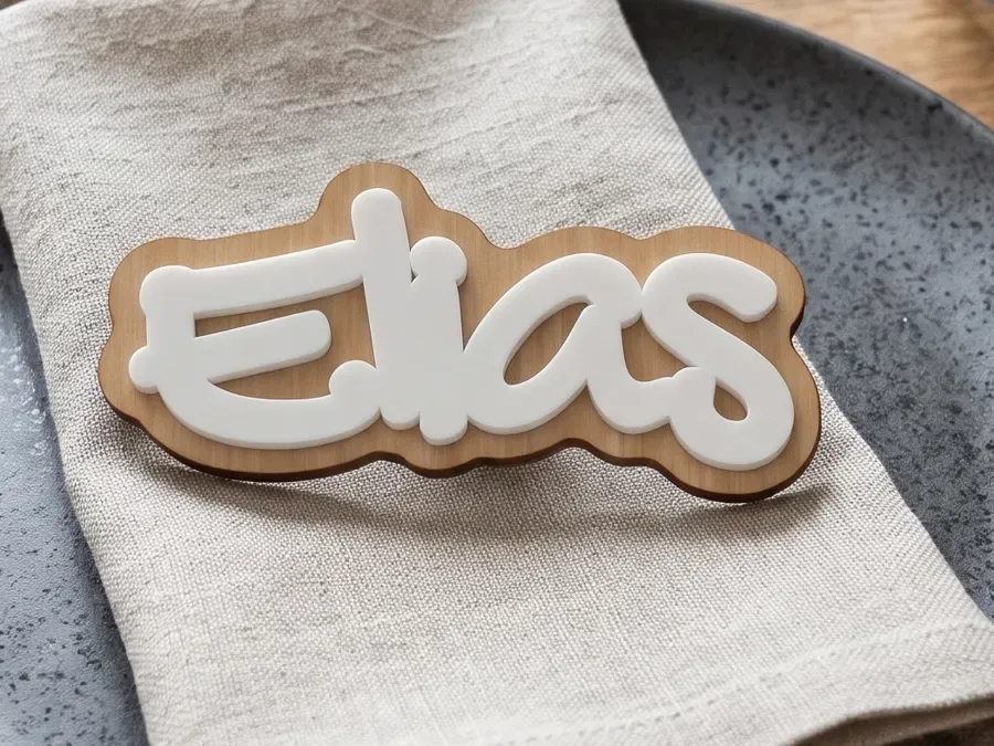 Tischkarte mit dem Namen Elias aus weissem Acryl auf einem Holzrand, auf einer Leinenserviette auf einem dunklen Teller