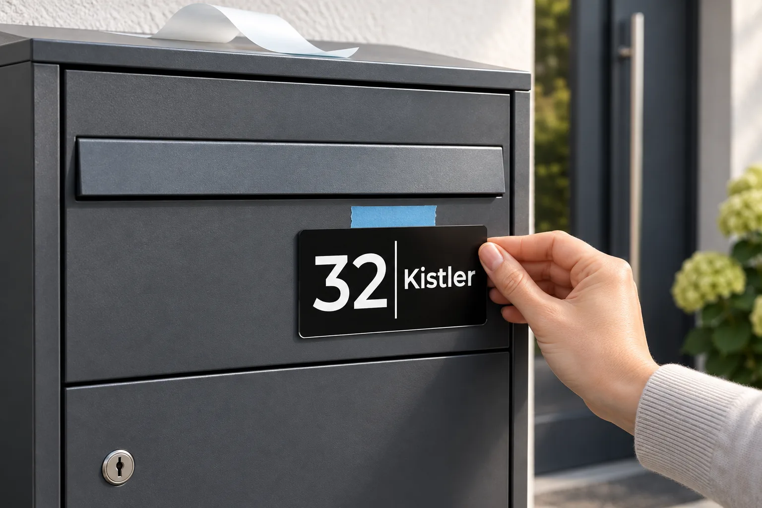 Hand drückt ein neues schwarzes Namensschild auf einen sauberen Briefkasten, daneben ein Stück Malerband als Markierung