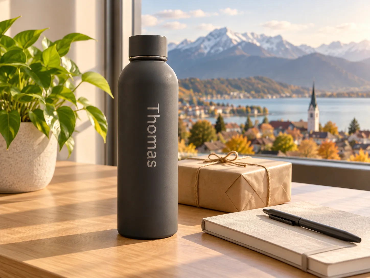 Schwarze Thermosflasche mit der Gravur «Thomas» auf einem hellen Bürotisch, daneben ein Päckchen in Packpapier mit Schnur, ein Notizbuch und eine Pflanze, im Fenster See und Berge