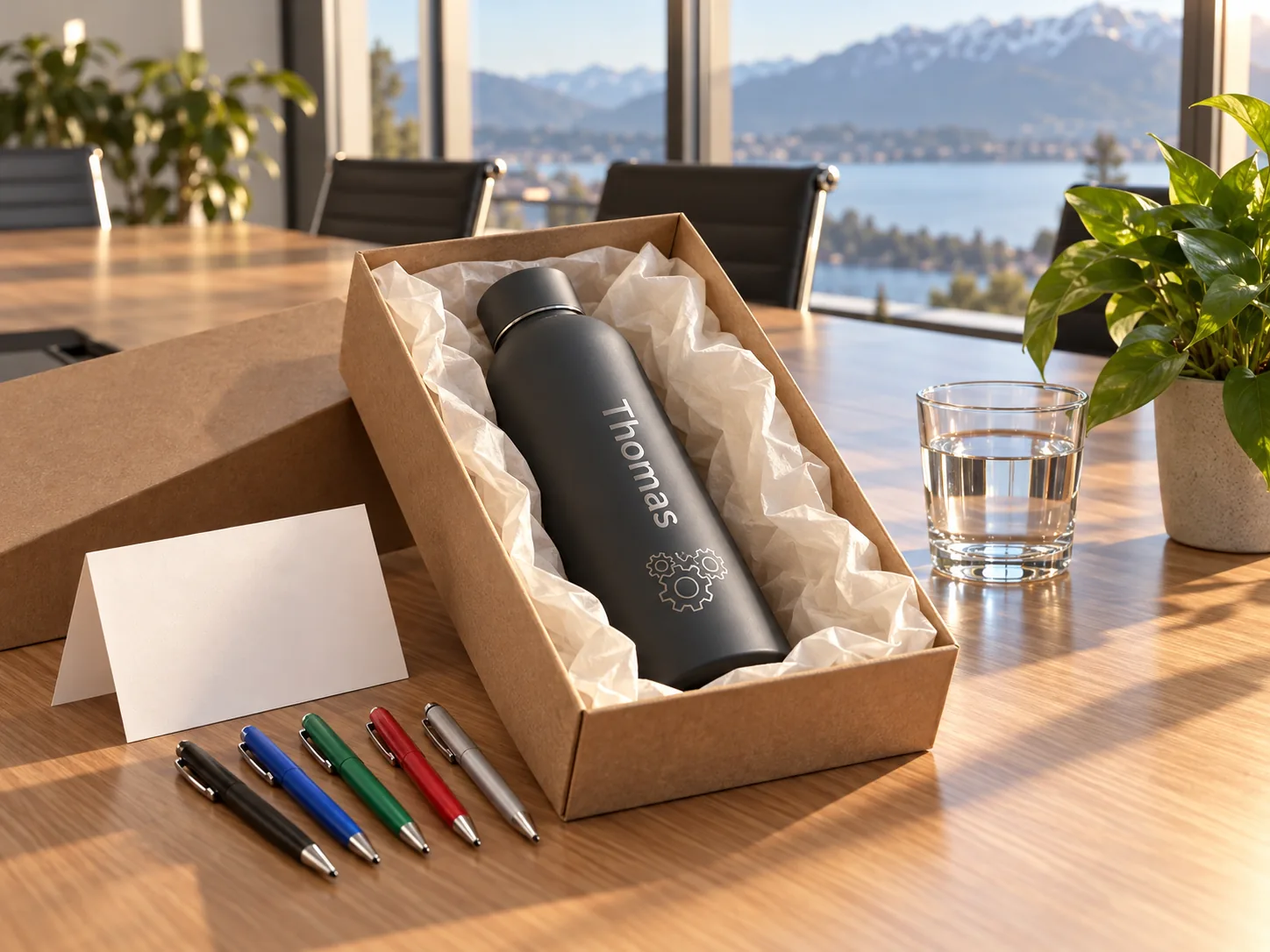 Offene Geschenkschachtel mit einer schwarzen Thermosflasche mit Namen und Firmenlogo auf einem Sitzungstisch, davor eine leere Grusskarte und fünf farbige Kugelschreiber