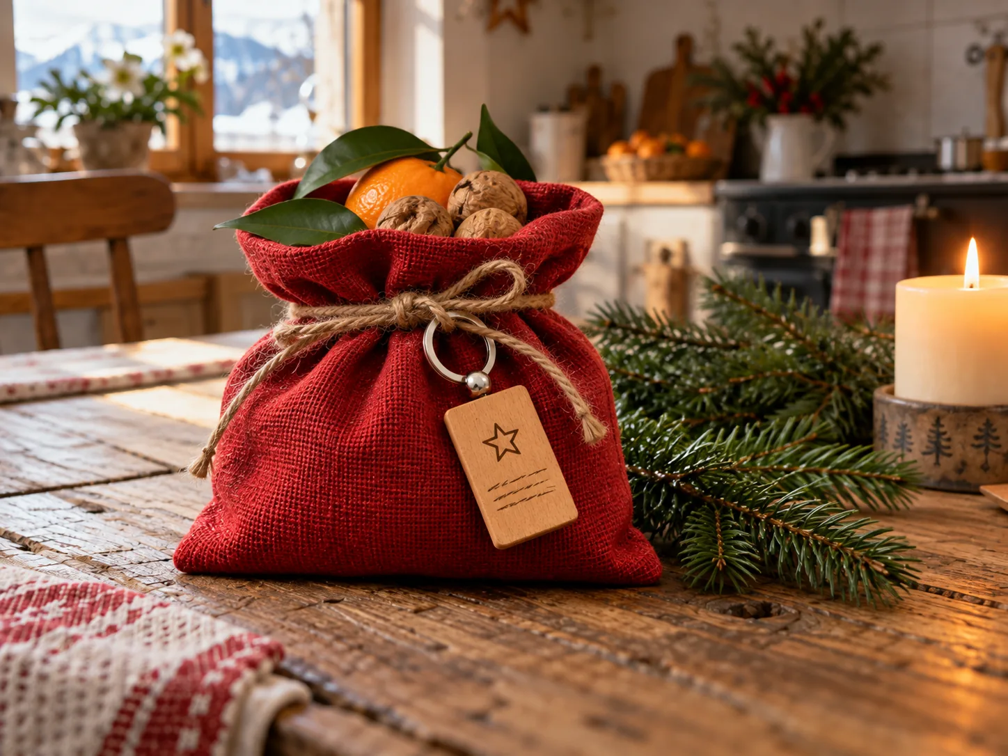 Roter Stoffsack mit Mandarinen und Nüssen, aussen hängt ein Holzanhänger an einer Schnur