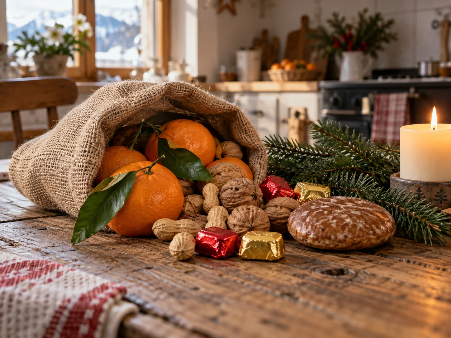 Offener Jutesack auf einem Holztisch mit Mandarinen, Baumnüssen, Erdnüssen, Lebkuchen und Schoggi, daneben ein Tannenzweig