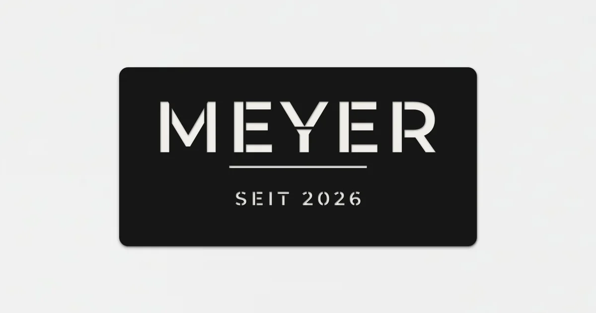 Schwarzes Familienschild mit dem ausgeschnittenen Namen MEYER in grossen Buchstaben, darunter eine Linie und der Text seit 2026