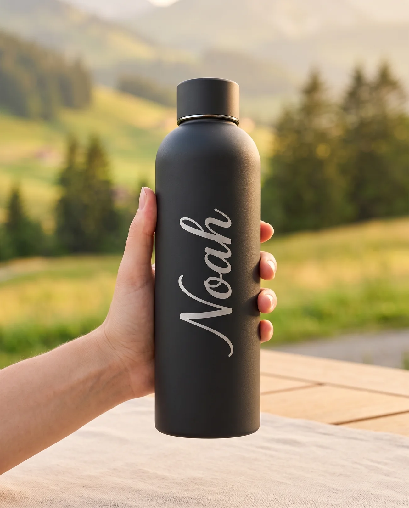 Thermosflasche mit dem Namen Noah vor Bergen