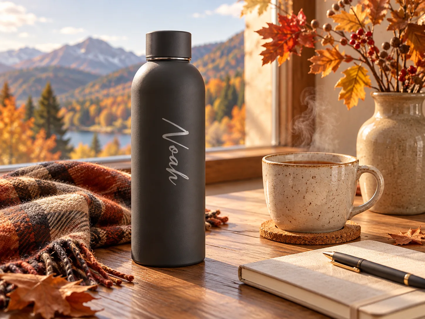 Mattschwarze Thermosflasche mit dem Namen «Noah» in Schreibschrift auf einem Holztisch neben einer Tasse Tee, einem Notizbuch und einem Wollschal