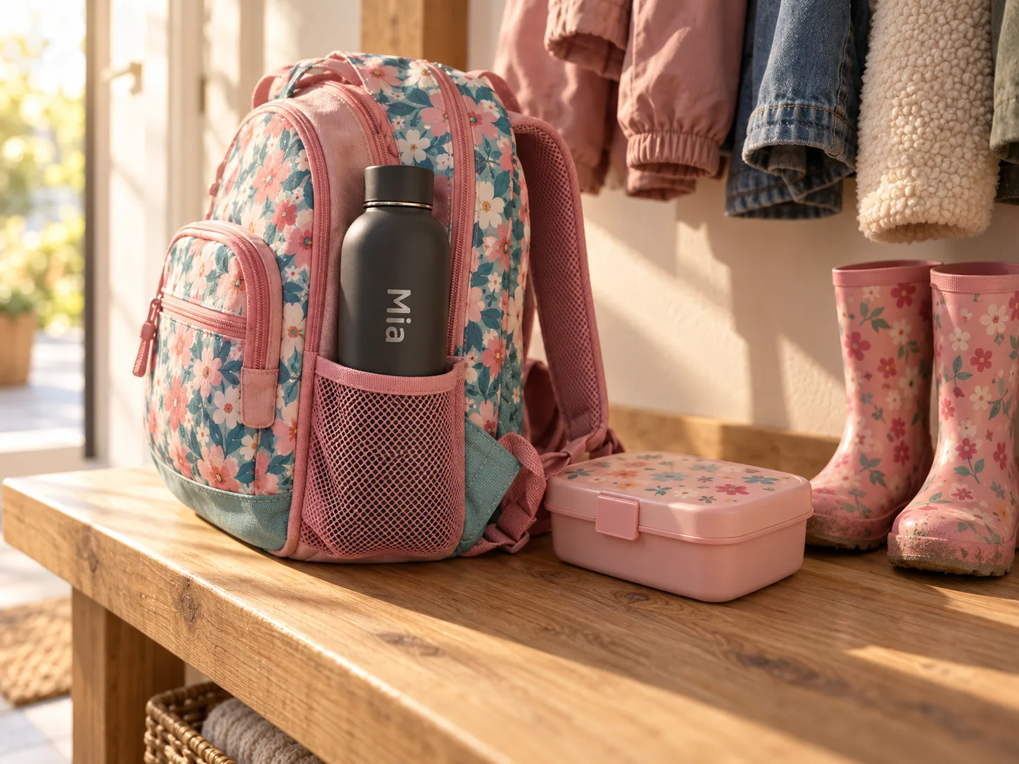 Schwarze Thermosflasche mit dem Namen «Mia» in der Seitentasche eines Schulrucksacks mit Blumenmuster, daneben eine Znüni-Box und Gummistiefel auf einer Holzbank