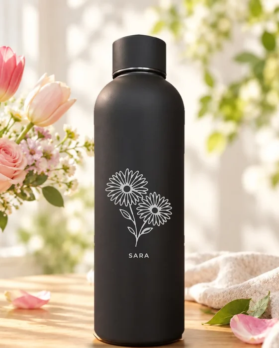 Mattschwarze Thermosflasche mit feiner Lasergravur: Geburtsblume September Aster, darunter der Name Sara