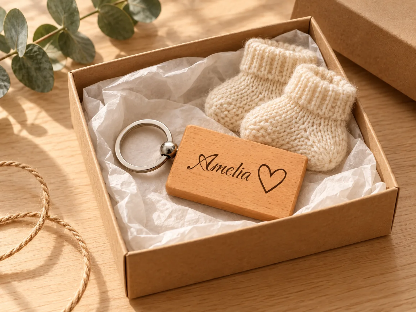 Kleine Geschenkschachtel mit Seidenpapier, darin ein Holz-Schlüsselanhänger mit eingraviertem Namen und Herz, daneben gestrickte Babysocken und ein Zweig Eukalyptus