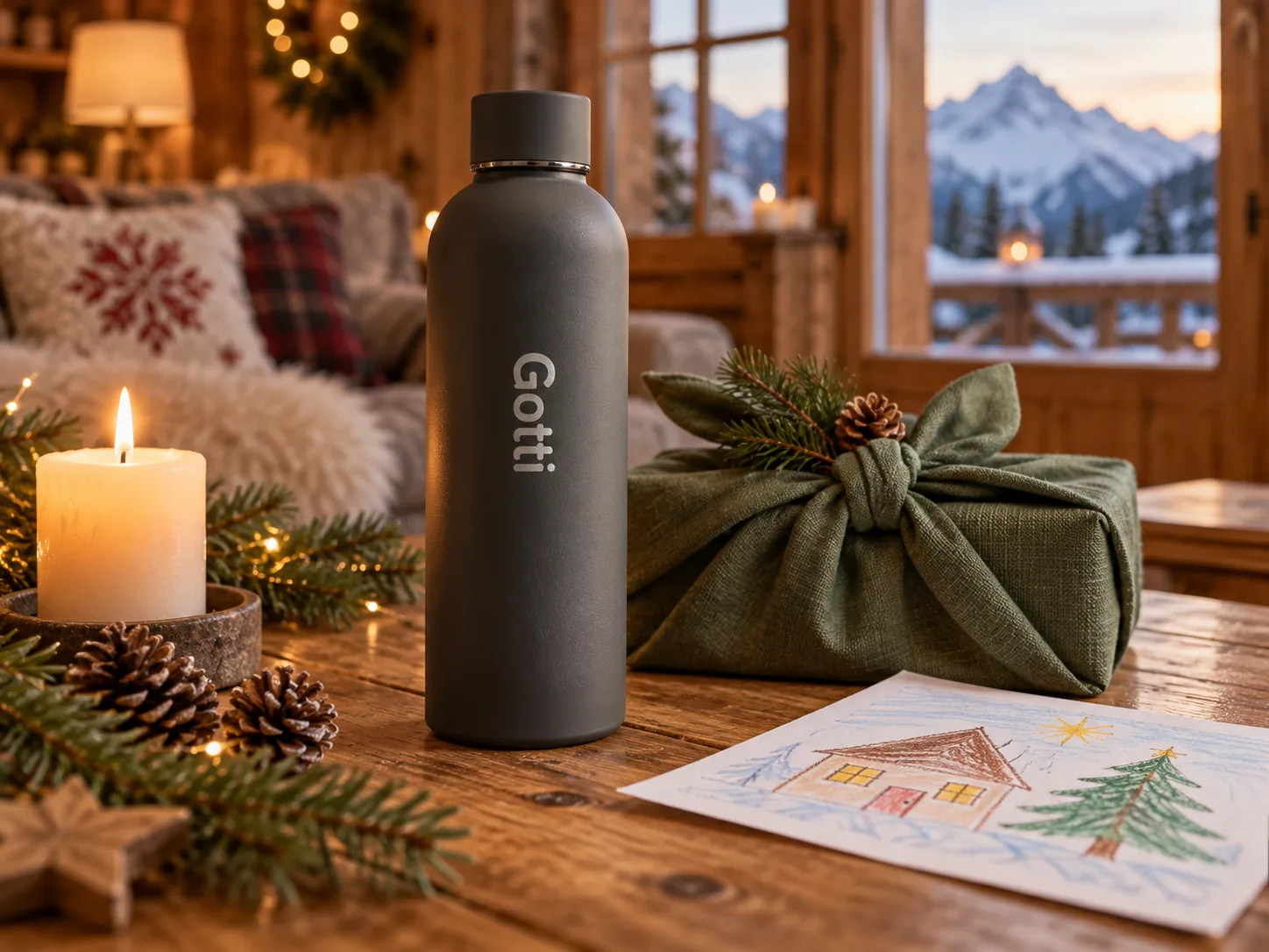Schwarze Thermosflasche mit der Gravur «Gotti» auf einem Holztisch in einer weihnachtlichen Stube, daneben ein in grünes Leinentuch geknotetes Geschenk, eine Kinderzeichnung, Tannenzweige, Tannzapfen und eine Kerze