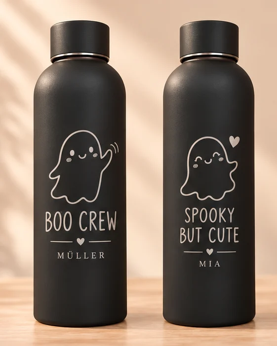Zwei mattschwarze Thermosflaschen mit Halloween-Gravur: Boo Crew mit dem Namen Müller und Spooky but cute mit dem Namen Mia