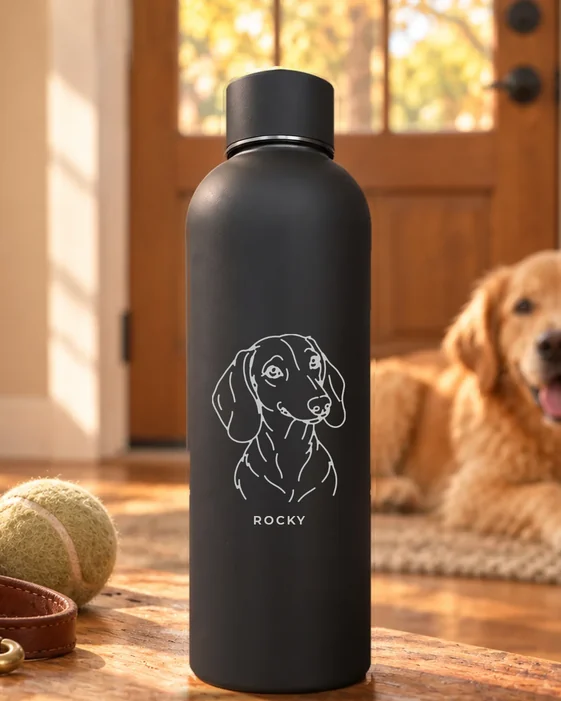 Mattschwarze Thermosflasche mit feiner Lasergravur: Hunderasse Dackel, darunter der Name Rocky