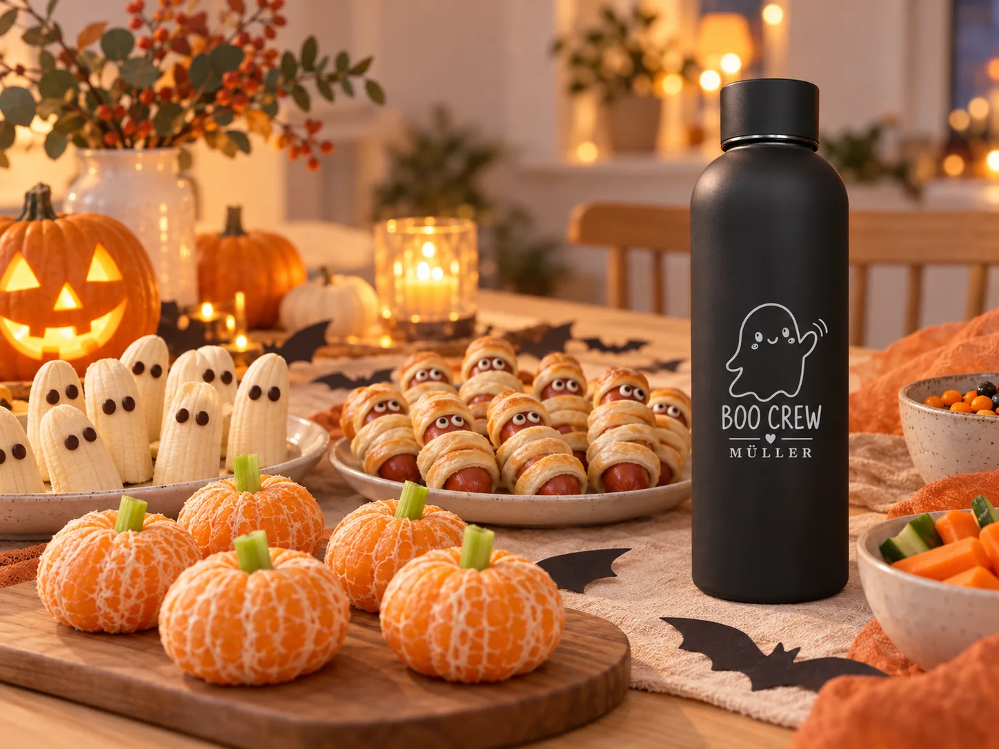 Halloween-Buffet für Kinder mit Mandarinen-Kürbissen, Bananen-Gespenstern und Mumien-Würstchen, daneben eine schwarze Thermosflasche mit Gespenst-Gravur