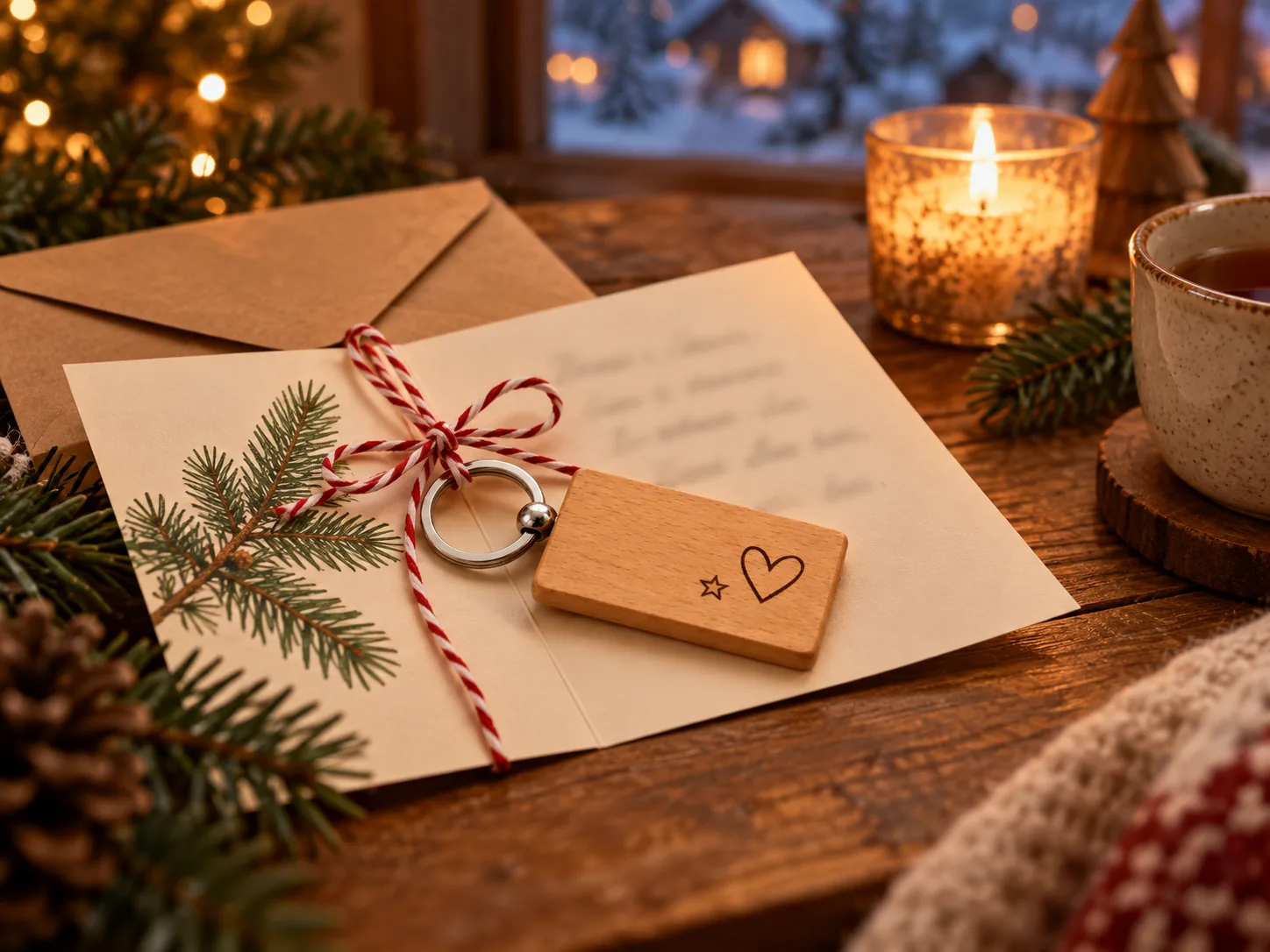 Weihnachtskarte mit einem kleinen Holzanhänger, der mit rot-weisser Schnur an die Karte gebunden ist, daneben Kerze und Tee