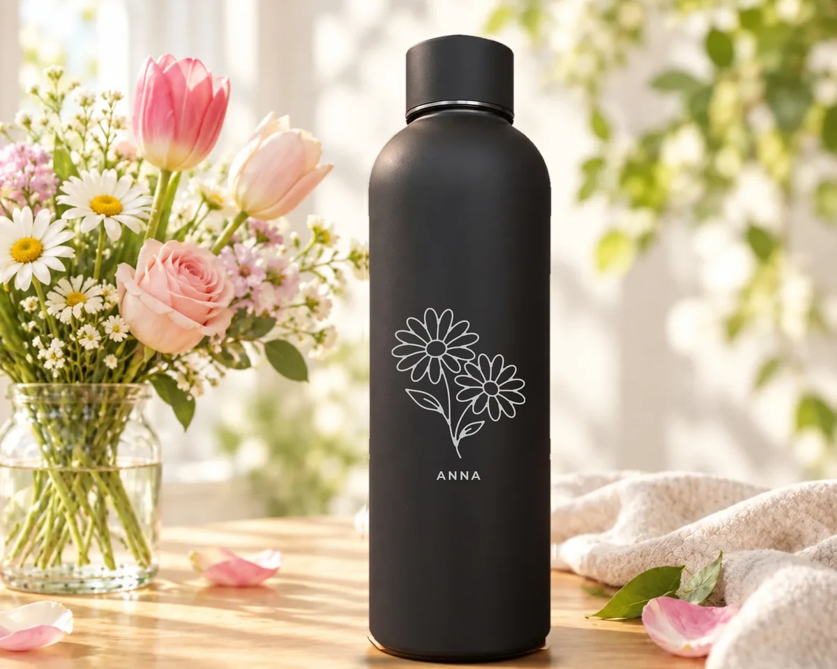 Mattschwarze Thermosflasche mit fein graviertem Gänseblümchen und dem Namen Anna, daneben ein Blumenstrauss mit Tulpen, Rosen und Margeriten