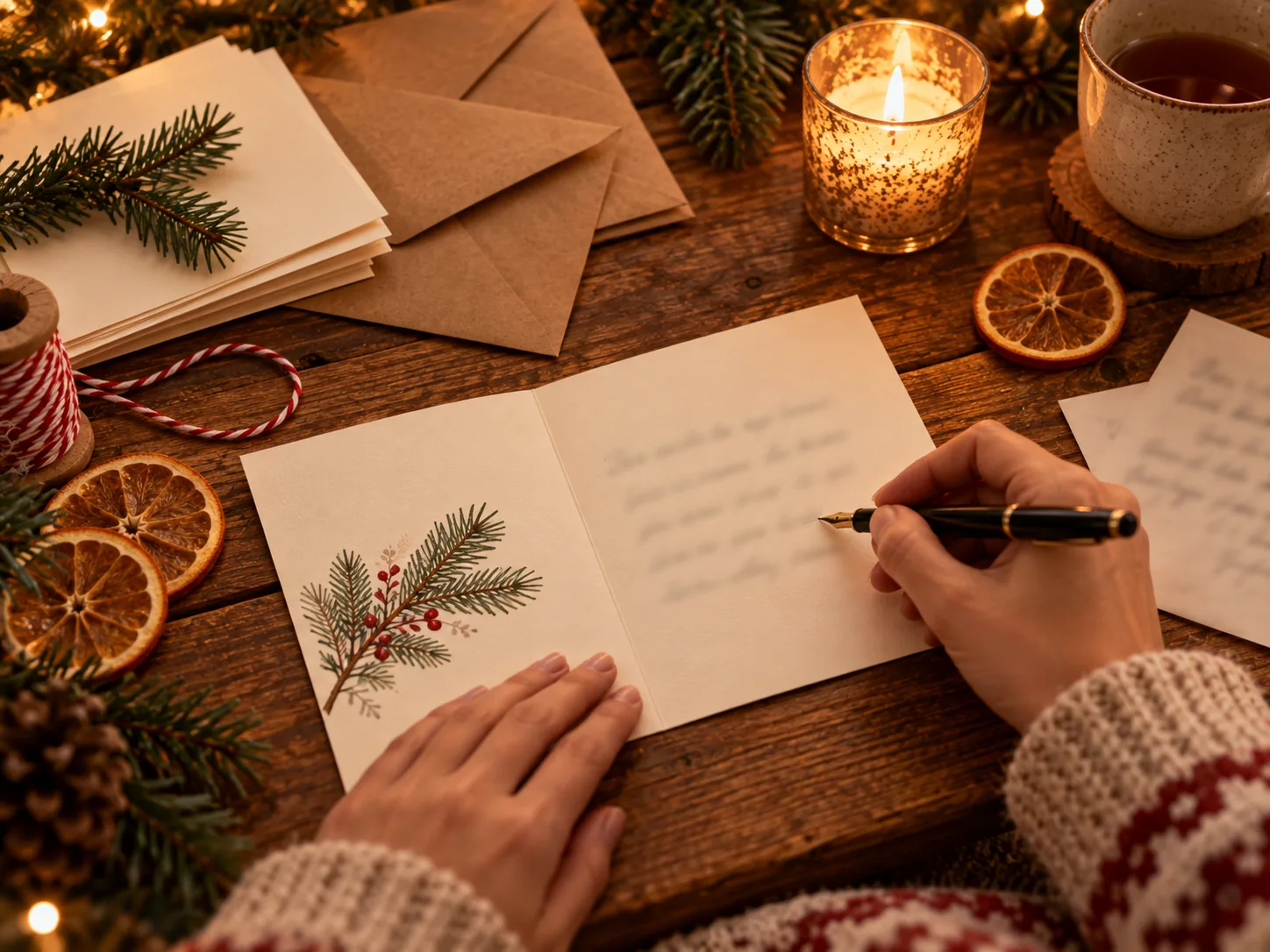 Hand schreibt mit einem Füller in eine Weihnachtskarte, daneben Umschläge, Tannenzweige und getrocknete Orangenscheiben