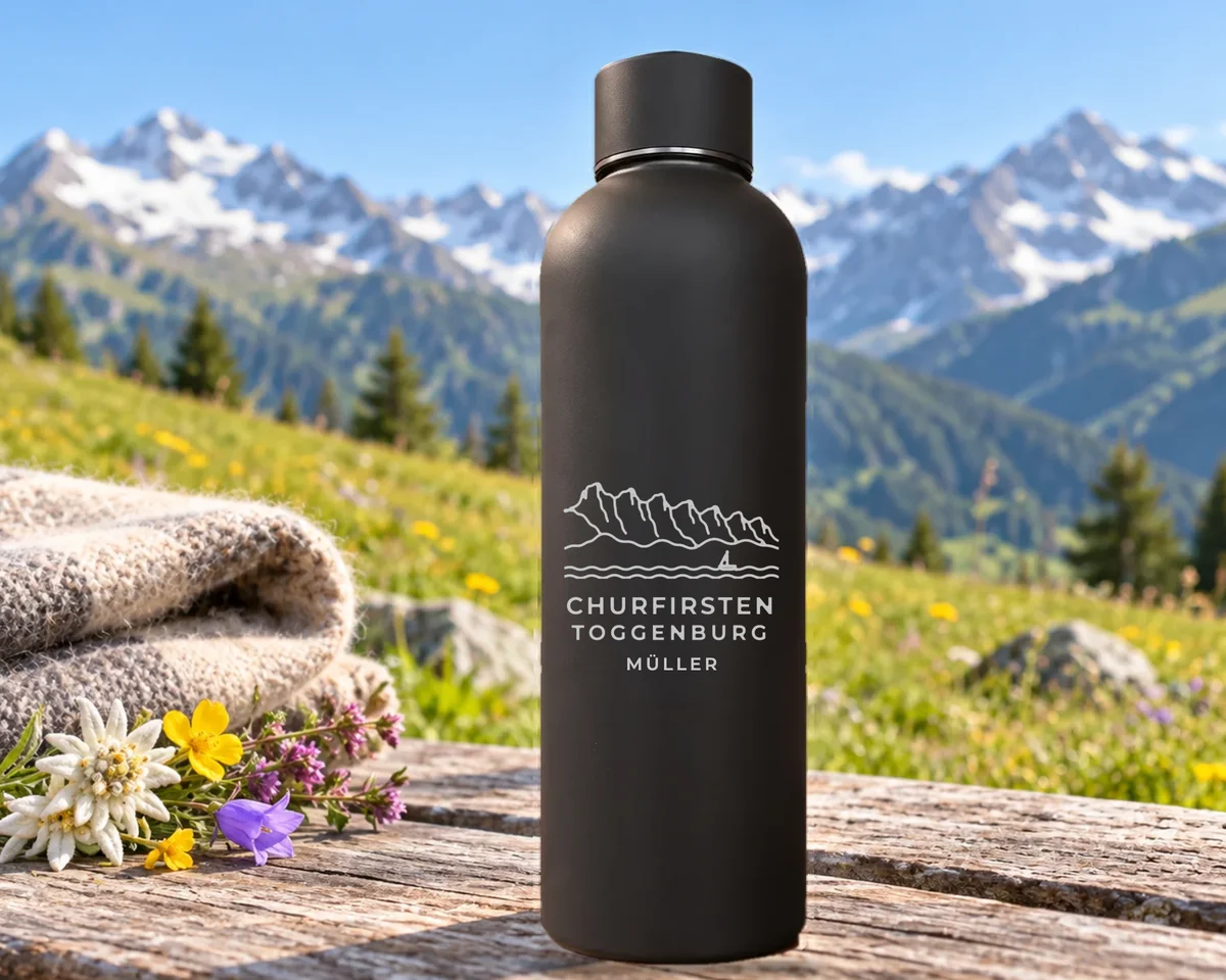 Mattschwarze Thermosflasche mit graviertem Bergpanorama und der Schrift Churfirsten Toggenburg Müller, auf einem Holzbrett in einer Bergwiese mit Blumen