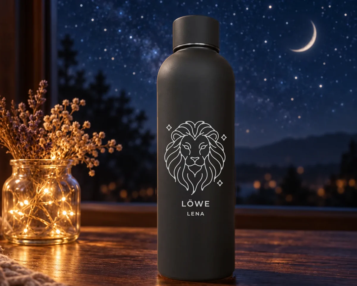 Mattschwarze Thermosflasche mit graviertem Löwenkopf, darunter das Wort Löwe und der Name Lena, vor einem Fenster mit Sternenhimmel und einer Lichterkette im Glas