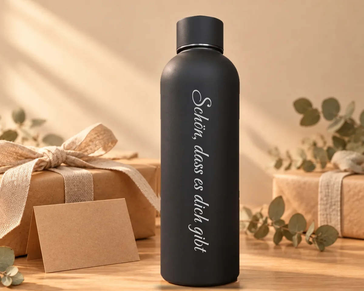 Mattschwarze Thermosflasche mit dem silbern gravierten Satz «Schön, dass es dich gibt», daneben Päckli in Packpapier mit Leinenband und Eukalyptus