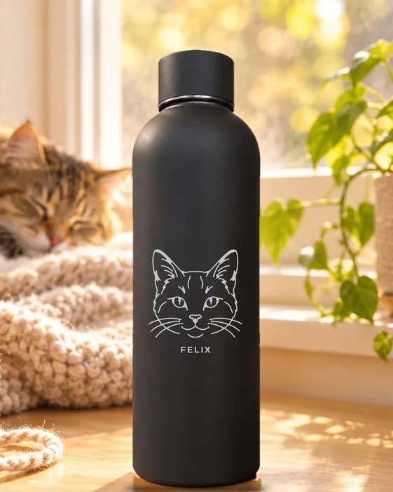 Mattschwarze Thermosflasche mit feiner Lasergravur: Katzenmotiv Katzenkopf, darunter der Name Felix