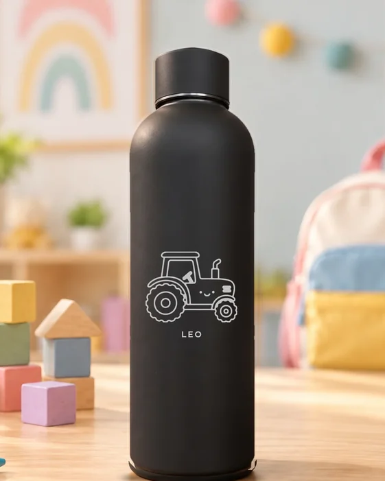 Mattschwarze Thermosflasche mit feiner Lasergravur: Kindermotiv Traktor, darunter der Name Leo