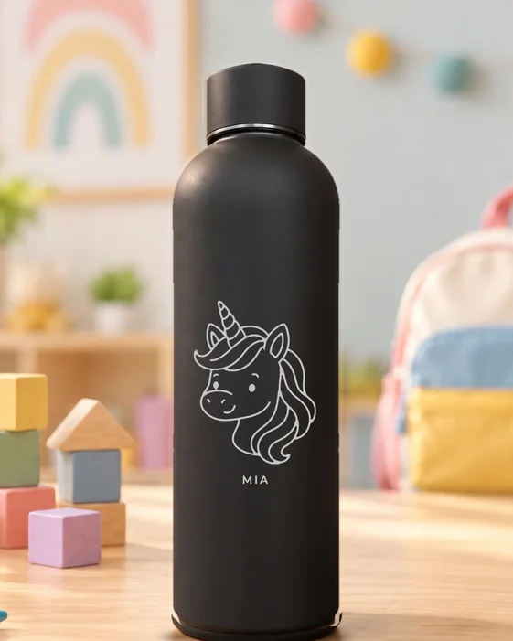 Mattschwarze Thermosflasche mit feiner Lasergravur: Kindermotiv Einhorn, darunter der Name Mia