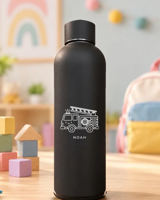 Mattschwarze Thermosflasche mit feiner Lasergravur: Kindermotiv Feuerwehr, darunter der Name Noah