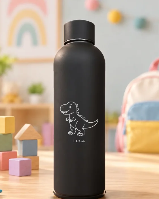 Mattschwarze Thermosflasche mit feiner Lasergravur: Kindermotiv Dino, darunter der Name Luca