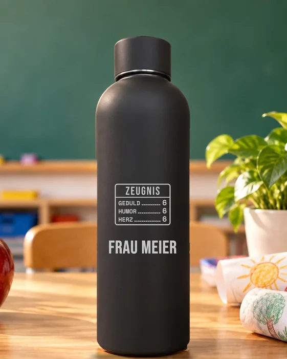 Mattschwarze Thermosflasche mit feiner Lasergravur: Danke-Design Zeugnis, darunter der Name Frau Meier