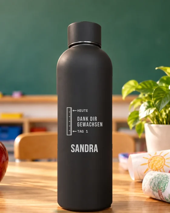Mattschwarze Thermosflasche mit feiner Lasergravur: Danke-Design Messlatte, darunter der Name Sandra