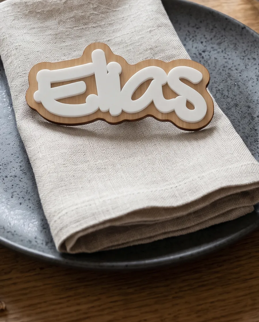 Tischkarte Elias aus weissem Acryl mit Holzrand auf dem Teller