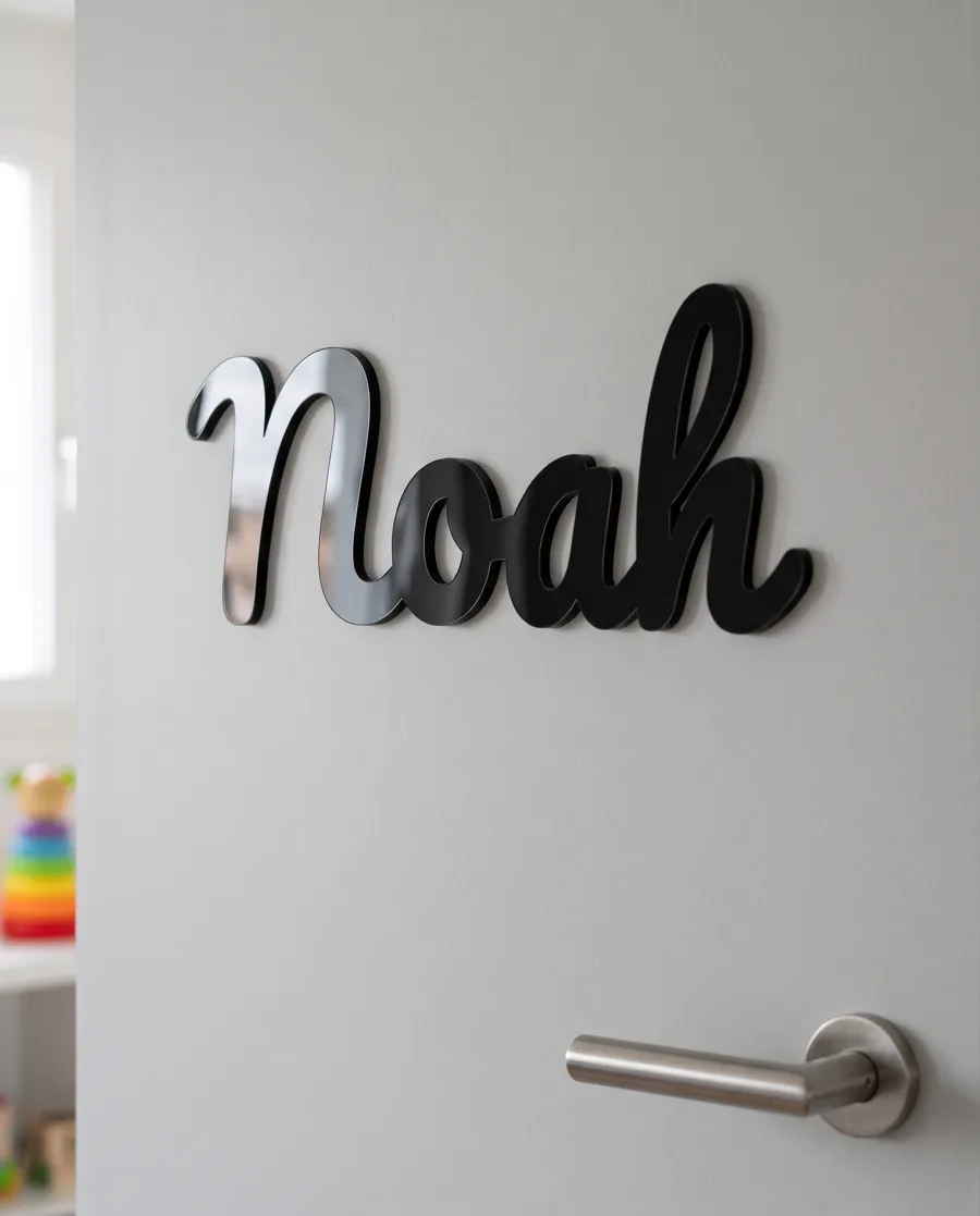 Türschild aus schwarzem Acryl mit dem Namen Noah in Schreibschrift an einer hellen Tür