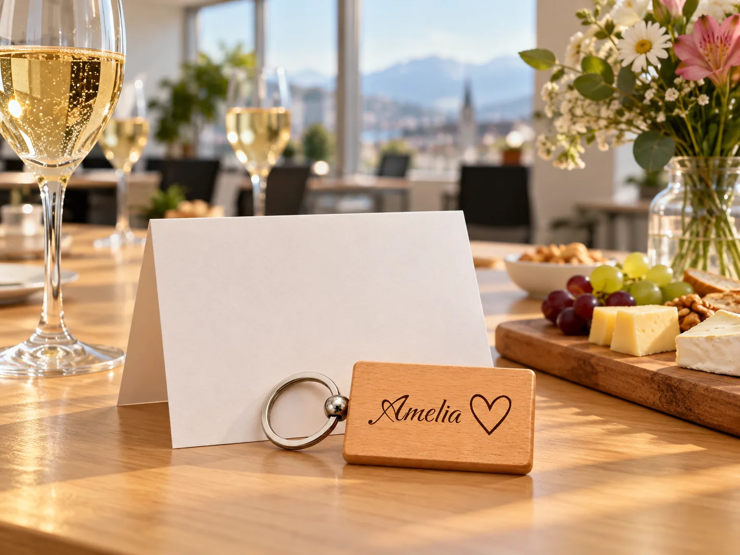 Gedeckter Apérotisch in einem Büro mit Gläsern, einem Brett mit Käse, Trauben und Brot, einem Blumenstrauss, einer leeren Karte und einem kleinen Holzanhänger mit Gravur