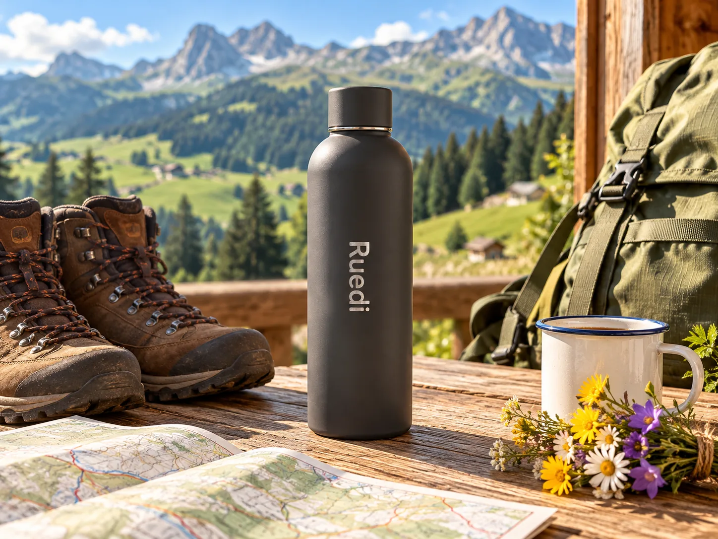 Schwarze Thermosflasche mit der Gravur «Ruedi» auf einem Holztisch neben Wanderschuhen, einer Wanderkarte, einem Rucksack, einer Tasse und Wiesenblumen, im Hintergrund die Berge