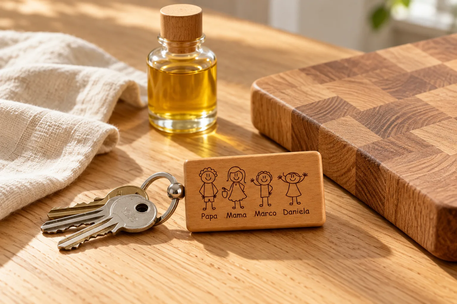 Ein Schlüsselanhänger aus Holz und ein Schneidebrett auf einem Tisch, daneben ein kleines Glasfläschchen Öl und ein Baumwolltuch