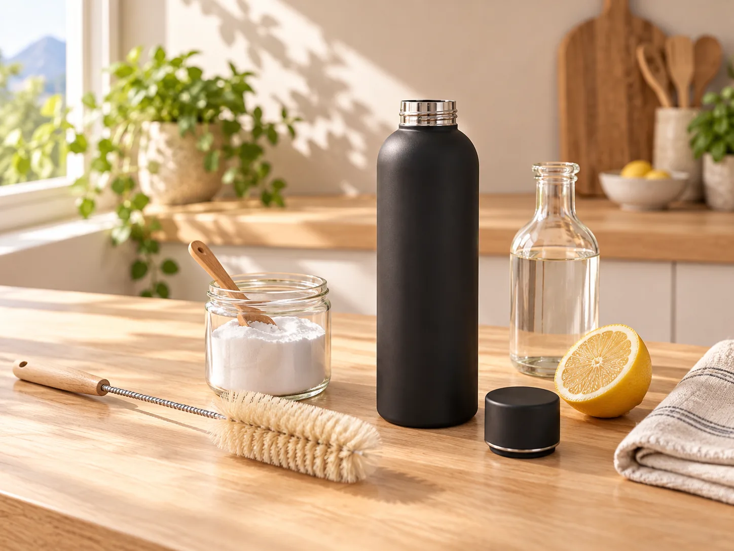 Offene schwarze Thermosflasche auf einem Küchentisch mit Natron, Flaschenbürste, Essig und einer halben Zitrone