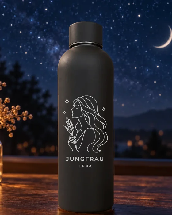 Mattschwarze Thermosflasche mit feiner Lasergravur: Sternzeichen Jungfrau, Jungfrau mit langem Haar und Ähre, darunter der Name Lena