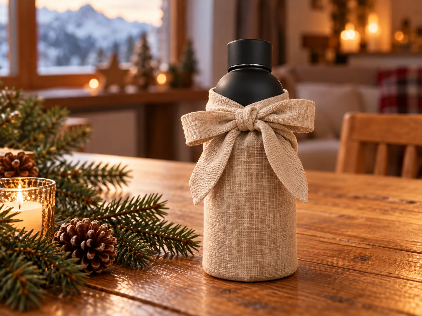 Schwarze Thermosflasche in ein Leinentuch eingewickelt und am Hals mit einer Schleife gebunden, auf einem Holztisch mit Tannenzweigen, Tannzapfen und Kerzenlicht