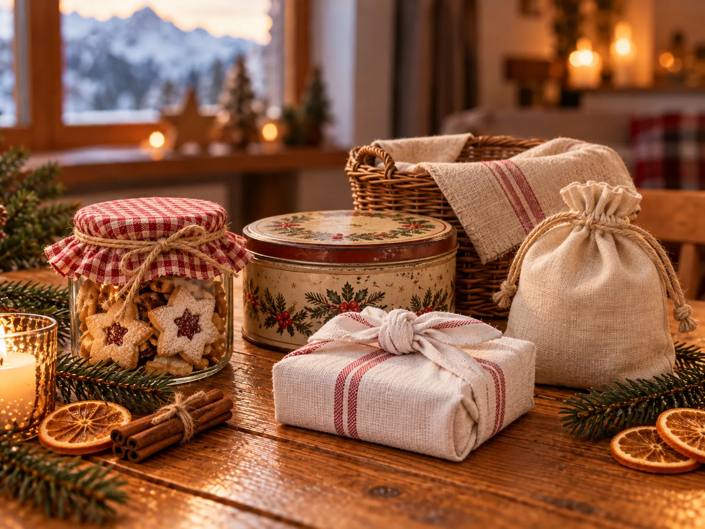 Geschenke ohne Papier auf einem Holztisch: Einmachglas mit Guetzli und Stoffdeckel, Blechdose, kleiner Korb, Geschenk im Geschirrtuch, Schnur und getrocknete Orangen