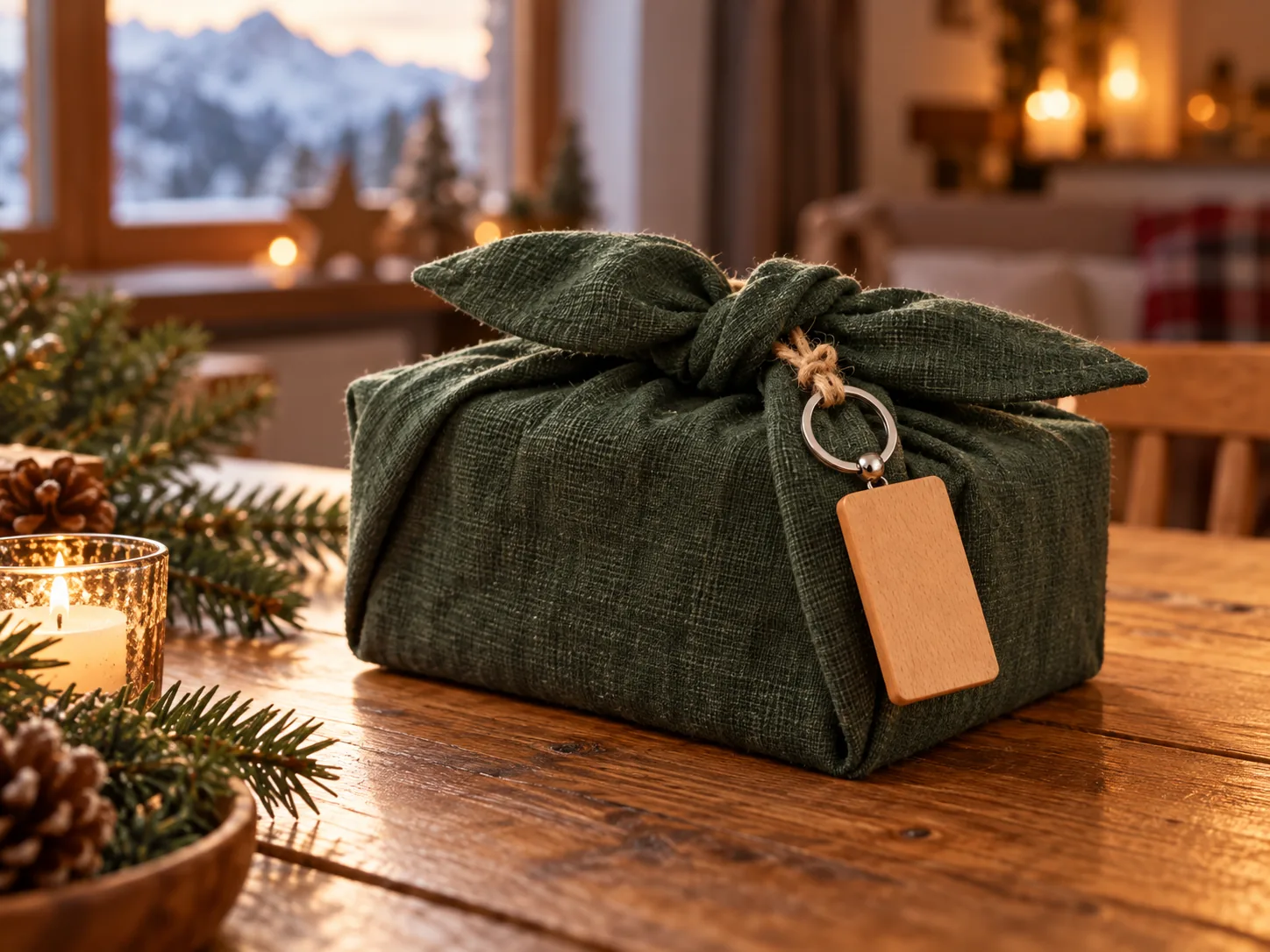 Geschenkschachtel in einem dunkelgrünen Leinentuch eingepackt, oben verknotet, mit einem kleinen Holzanhänger an einer Schnur