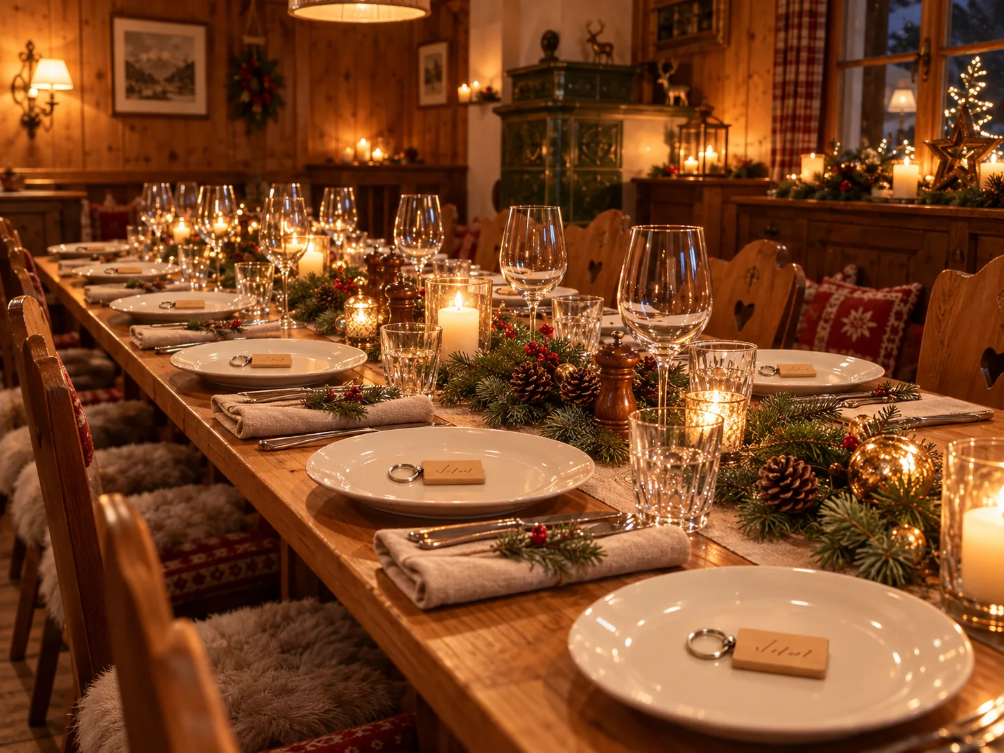 Festlich gedeckter langer Tisch in einem gemütlichen Restaurant mit Kerzen, Tannenzweigen und kleinen Holzanhängern als Tischkarten