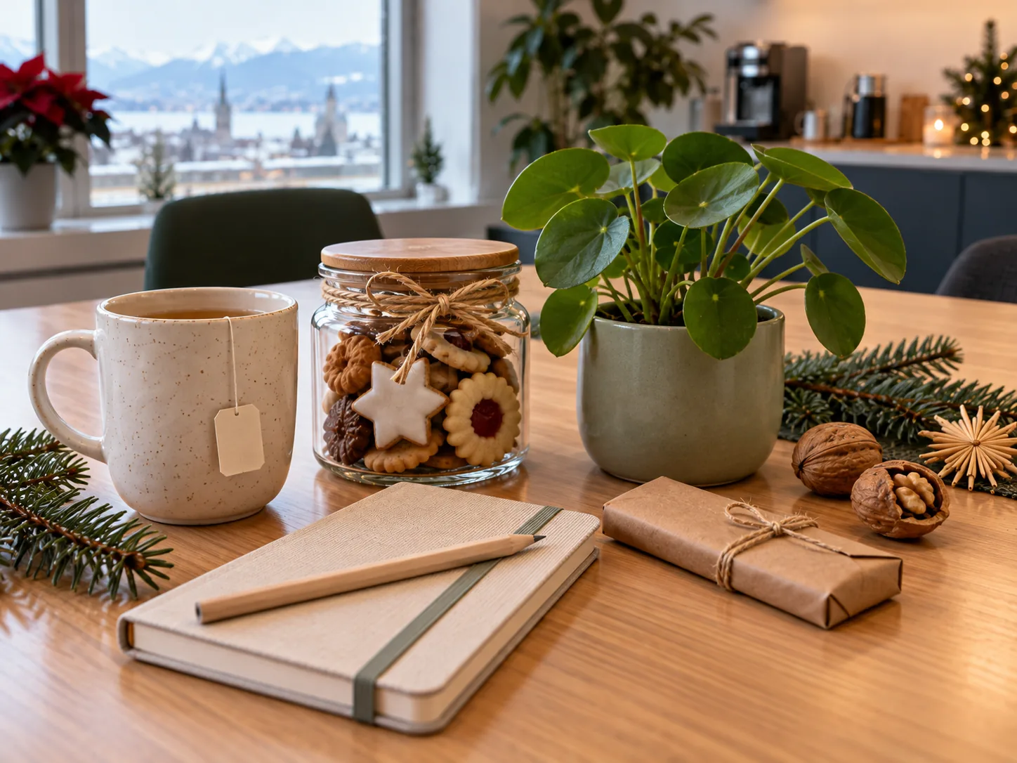Kleine Wichtelgeschenke auf einem hellen Bürotisch: Tasse mit Teebeutel, Glas mit Guetzli, kleine Pflanze und Notizbuch