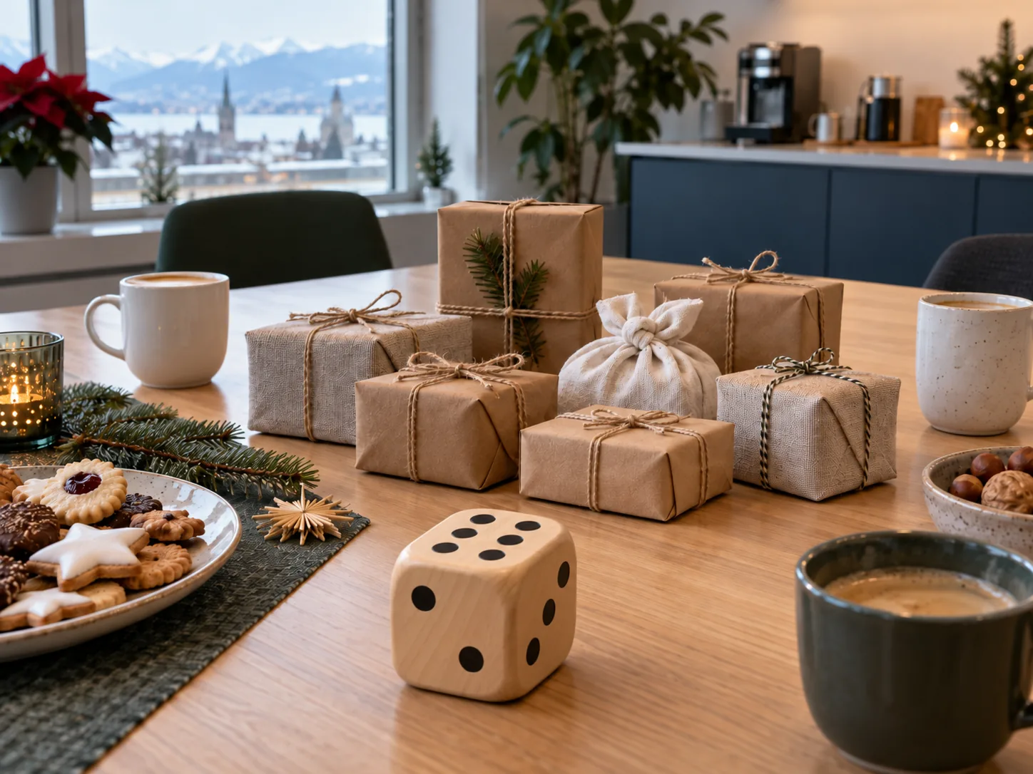 Kleine verpackte Geschenke auf einem Bürotisch mit einem Holzwürfel, Kaffeetassen und Tannenzweig