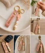 Schlüsselanhänger mit personalisiertem Namensschild und Blumenperlen, ideal als Geschenk oder Access.