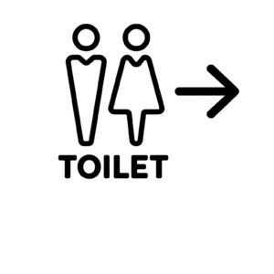 Barrierefreies WC-Symbol mit Damen- und Herrentoilette, inklusive Pfeil, für barrierefreie Zugänge.