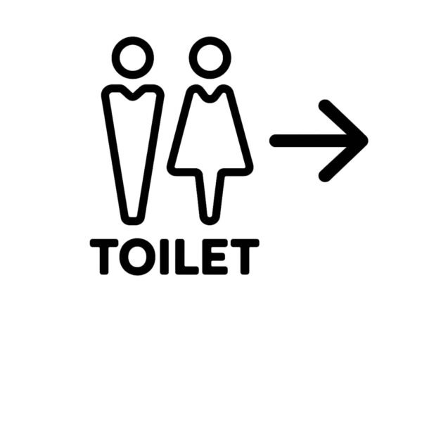 Barrierefreies WC-Symbol mit Damen- und Herrentoilette, inklusive Pfeil, für barrierefreie Zugänge.